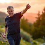 Middle-aged person exercising gently outdoors at sunrise, symbolizing joint-friendly physical activity during weight loss. The scene conveys wellness, mobility, and hope, with a calm natural background and soft, warm lighting.