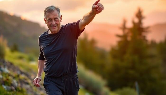 Middle-aged person exercising gently outdoors at sunrise, symbolizing joint-friendly physical activity during weight loss. The scene conveys wellness, mobility, and hope, with a calm natural background and soft, warm lighting.