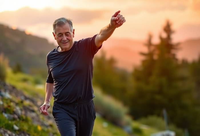 Middle-aged person exercising gently outdoors at sunrise, symbolizing joint-friendly physical activity during weight loss. The scene conveys wellness, mobility, and hope, with a calm natural background and soft, warm lighting.