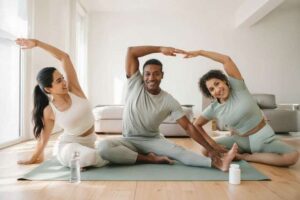 Diverse adults in their 30s to 50s stretching in bright living room representing ideal Berzeo users