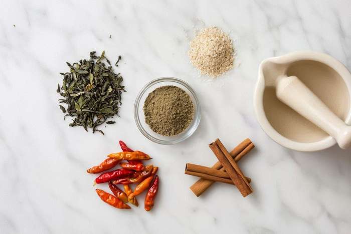 Flat-lay of natural supplement ingredients including green tea and cinnamon on white marble