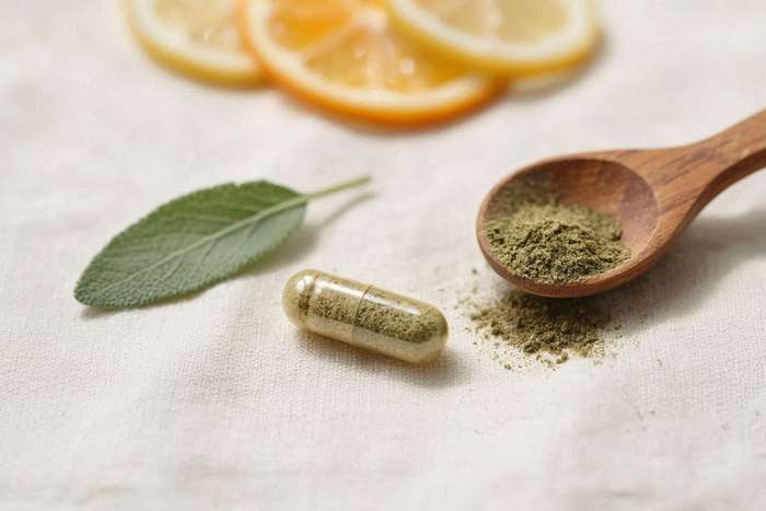 Natural supplement capsule on white linen with herbs and citrus representing Berzeo metabolic formula