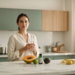 Woman in bright modern kitchen with fresh fruits and supplement bottle representing healthy weight loss in Mexico