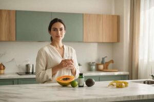 Woman in bright modern kitchen with fresh fruits and supplement bottle representing healthy weight loss in Mexico