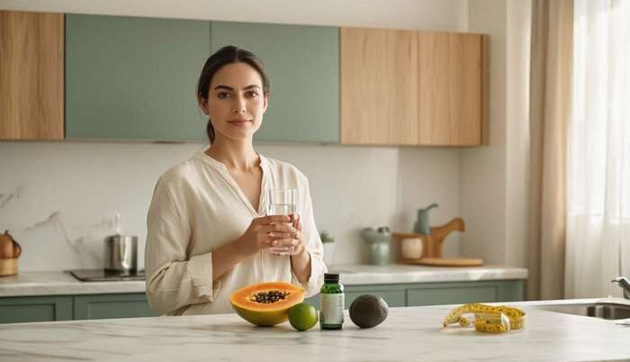 Woman in bright modern kitchen with fresh fruits and supplement bottle representing healthy weight loss in Mexico