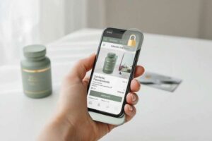 Hand holding smartphone showing official supplement website with padlock representing secure purchase