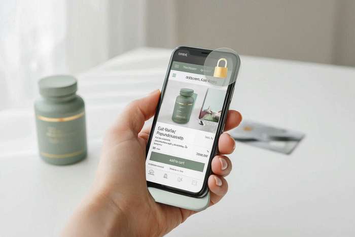 Hand holding smartphone showing official supplement website with padlock representing secure purchase