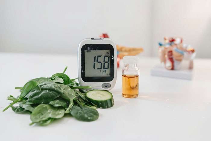 Glucose monitor with stable reading surrounded by vegetables representing blood sugar science