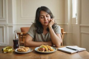 Thoughtful woman at table with traditional Mexican food contemplating diet struggles