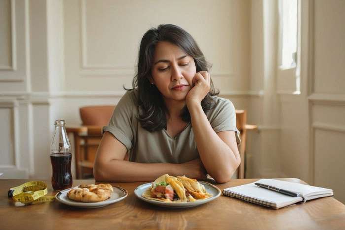 Thoughtful woman at table with traditional Mexican food contemplating diet struggles